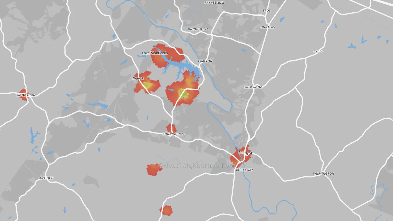 Walk Grade map of Fluvanna County, VA, walkable areas in green and car-dependent areas in red