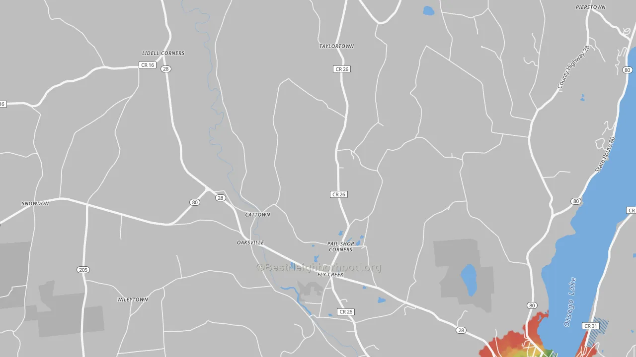 Walk Grade map of Fly Creek, NY, walkable areas in green and car-dependent areas in red