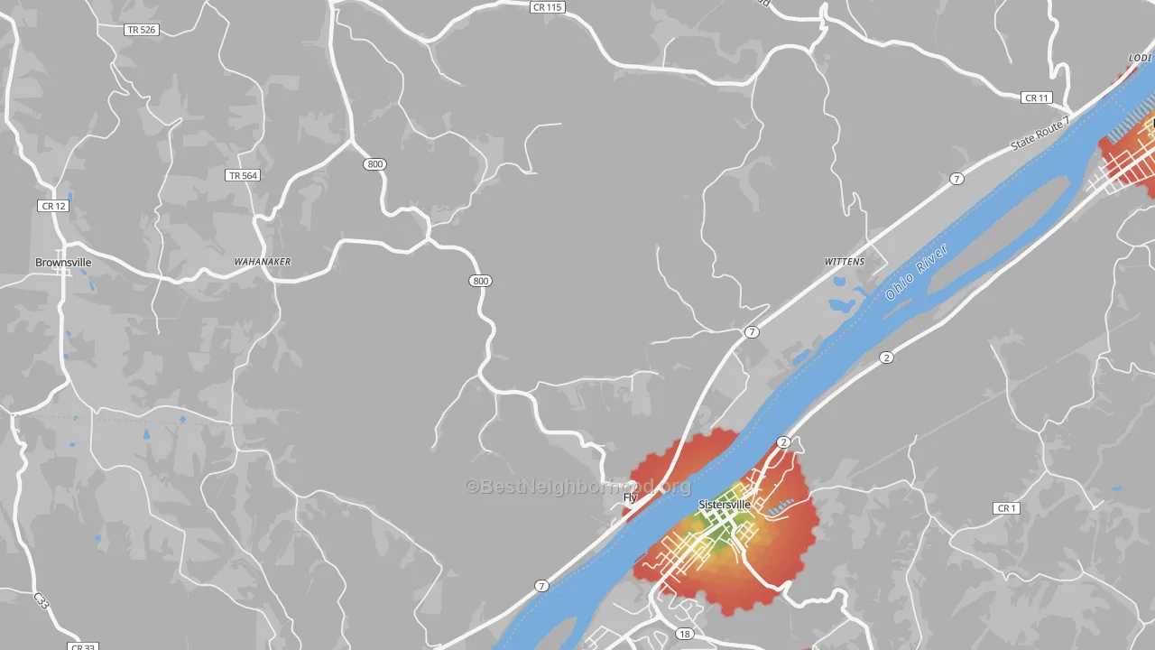 Walk Grade map of Fly, OH, walkable areas in green and car-dependent areas in red
