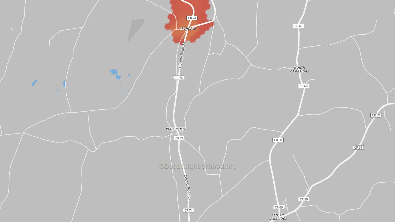 Walk Grade map of Fly Summit, NY, walkable areas in green and car-dependent areas in red