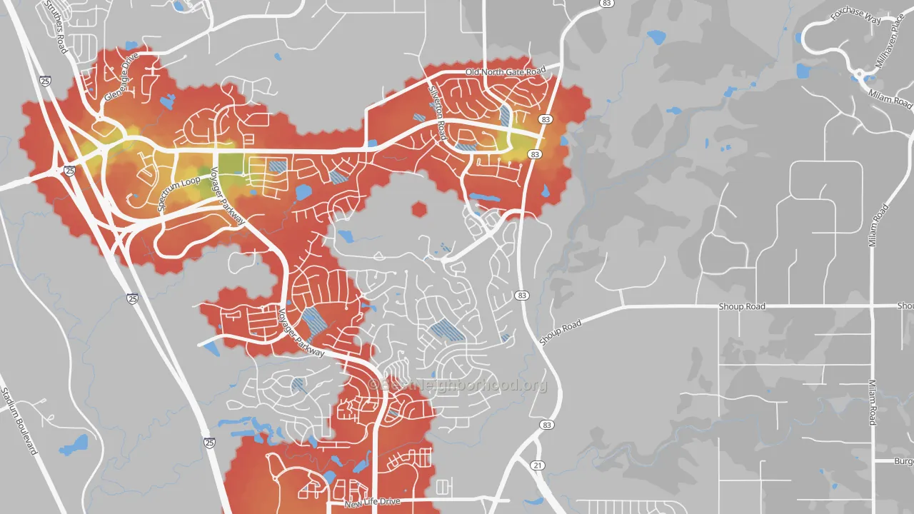 Walk Grade map of Flying Horse, Colorado Springs, CO, walkable areas in green and car-dependent areas in red