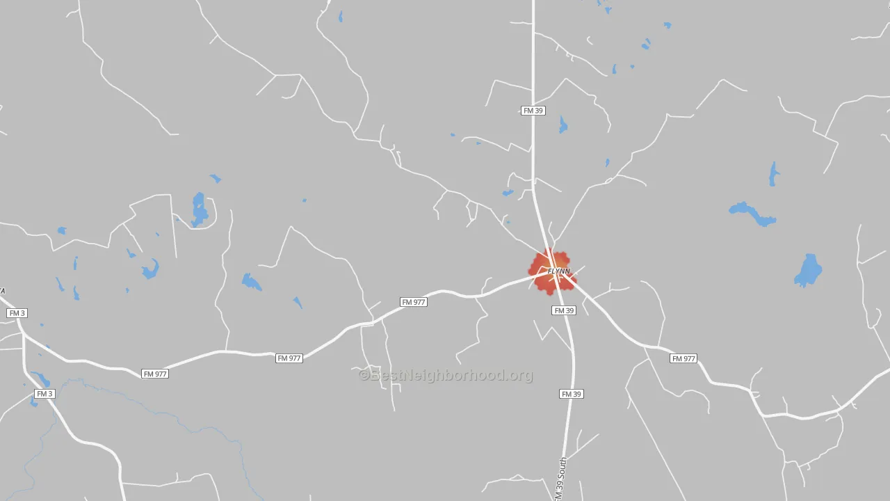 Walk Grade map of Flynn, TX, walkable areas in green and car-dependent areas in red