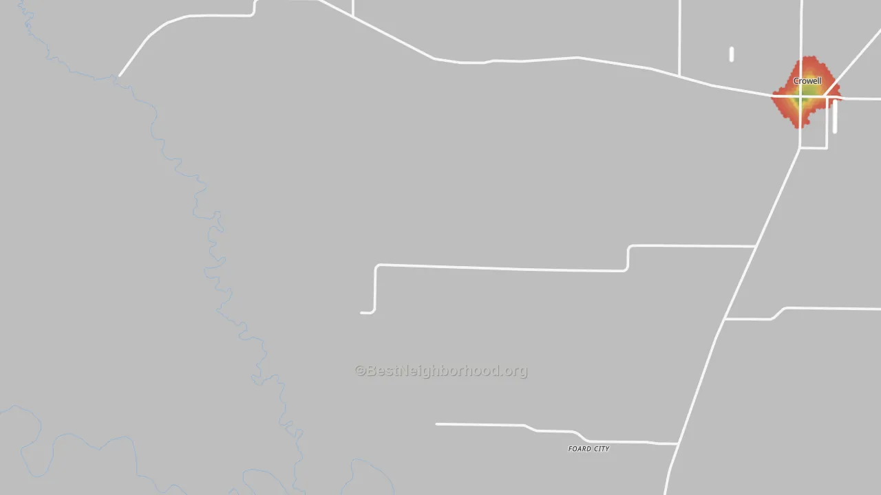Walk Grade map of Foard City, TX, walkable areas in green and car-dependent areas in red
