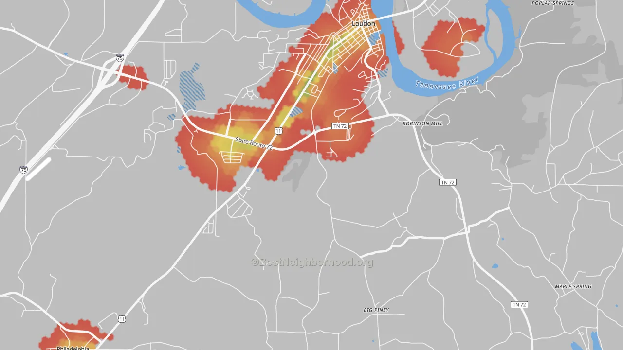 Walk Grade map of Fochee, TN, walkable areas in green and car-dependent areas in red