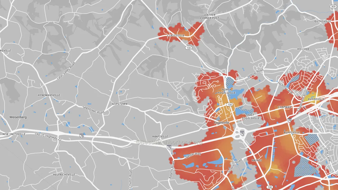 Walk Grade map of Fogelsville, PA, walkable areas in green and car-dependent areas in red