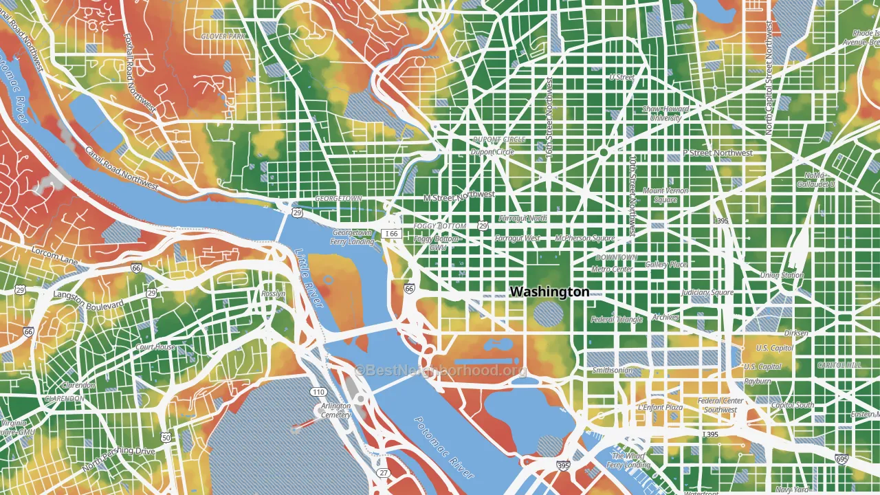 Walk Grade map of Foggy Bottom, Washington, DC, walkable areas in green and car-dependent areas in red