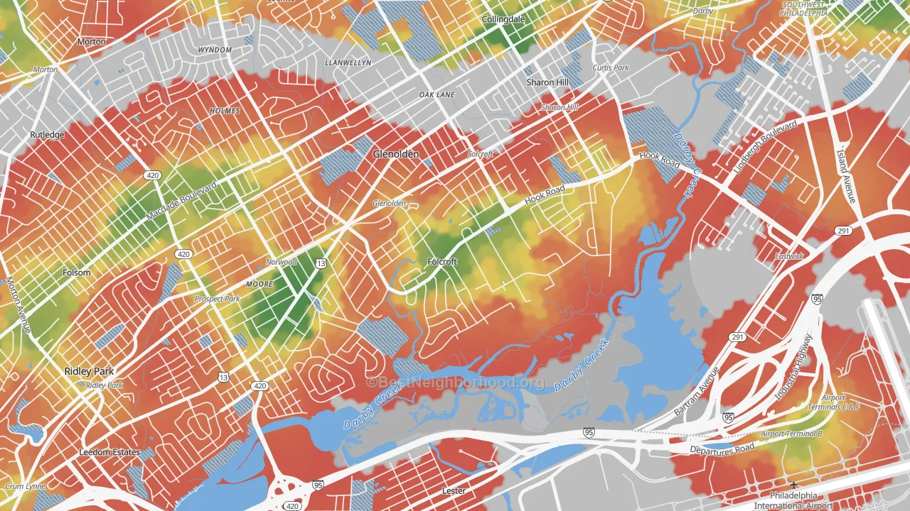 Walk Grade map of Folcroft, PA, walkable areas in green and car-dependent areas in red