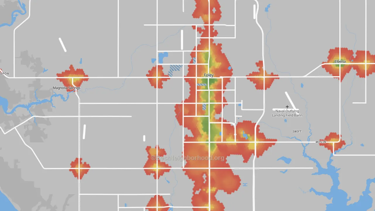 Walk Grade map of Foley, AL, walkable areas in green and car-dependent areas in red