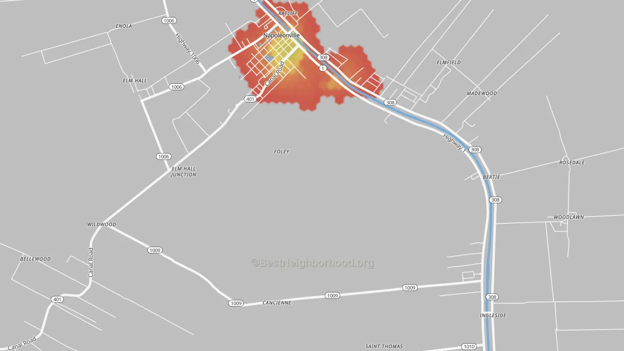 Walk Grade map of Foley, LA, walkable areas in green and car-dependent areas in red