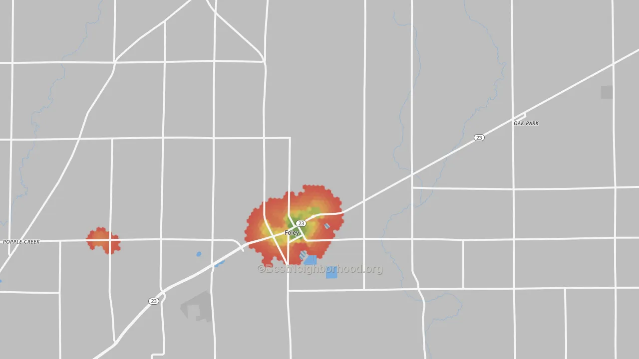 Walk Grade map of Foley, MN, walkable areas in green and car-dependent areas in red