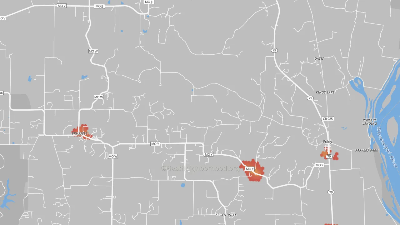 Walk Grade map of Foley, MO, walkable areas in green and car-dependent areas in red