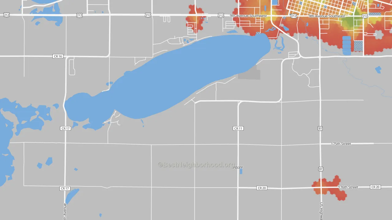 Walk Grade map of Foley, SD, walkable areas in green and car-dependent areas in red
