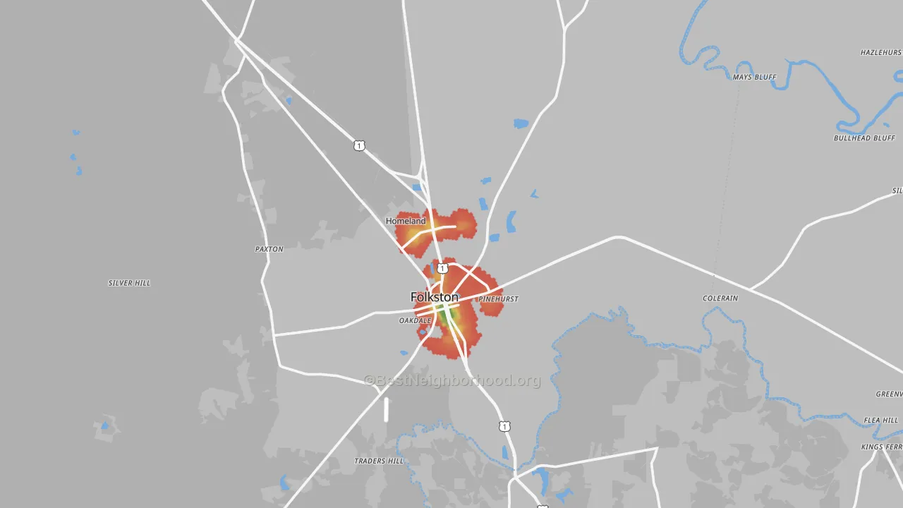 Walk Grade map of Folkston, GA, walkable areas in green and car-dependent areas in red