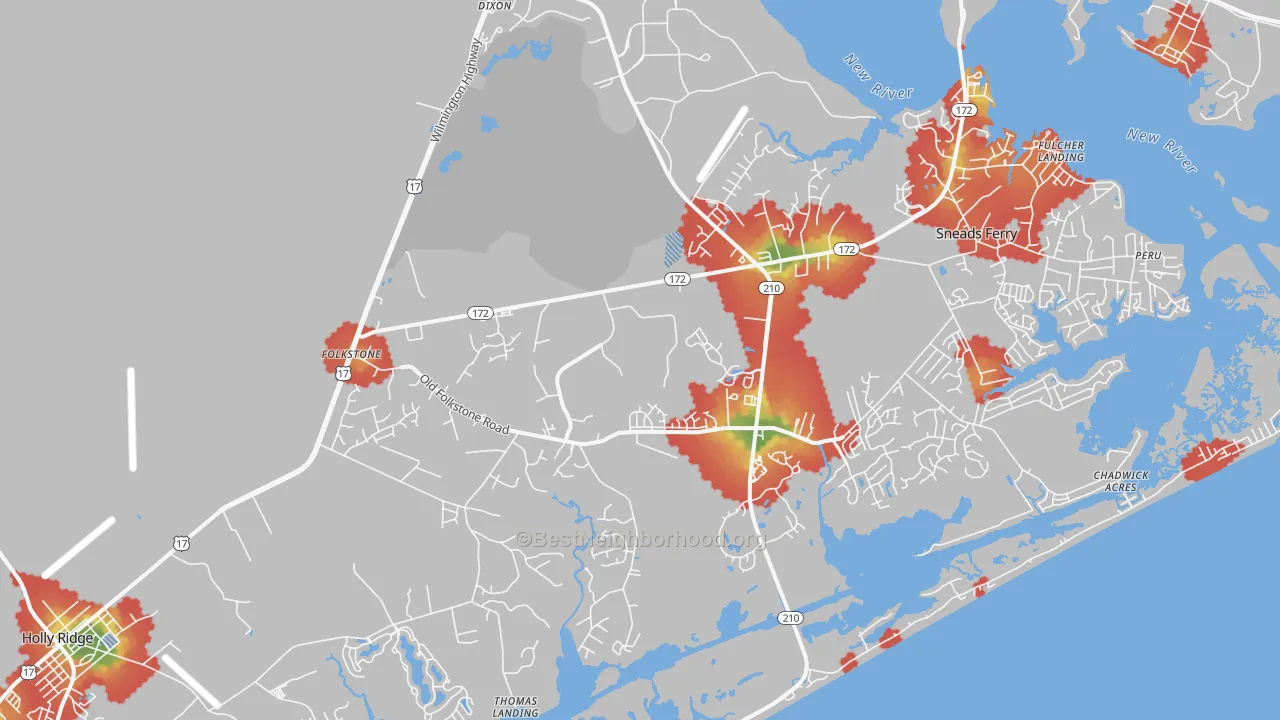 Walk Grade map of Folkstone, NC, walkable areas in green and car-dependent areas in red