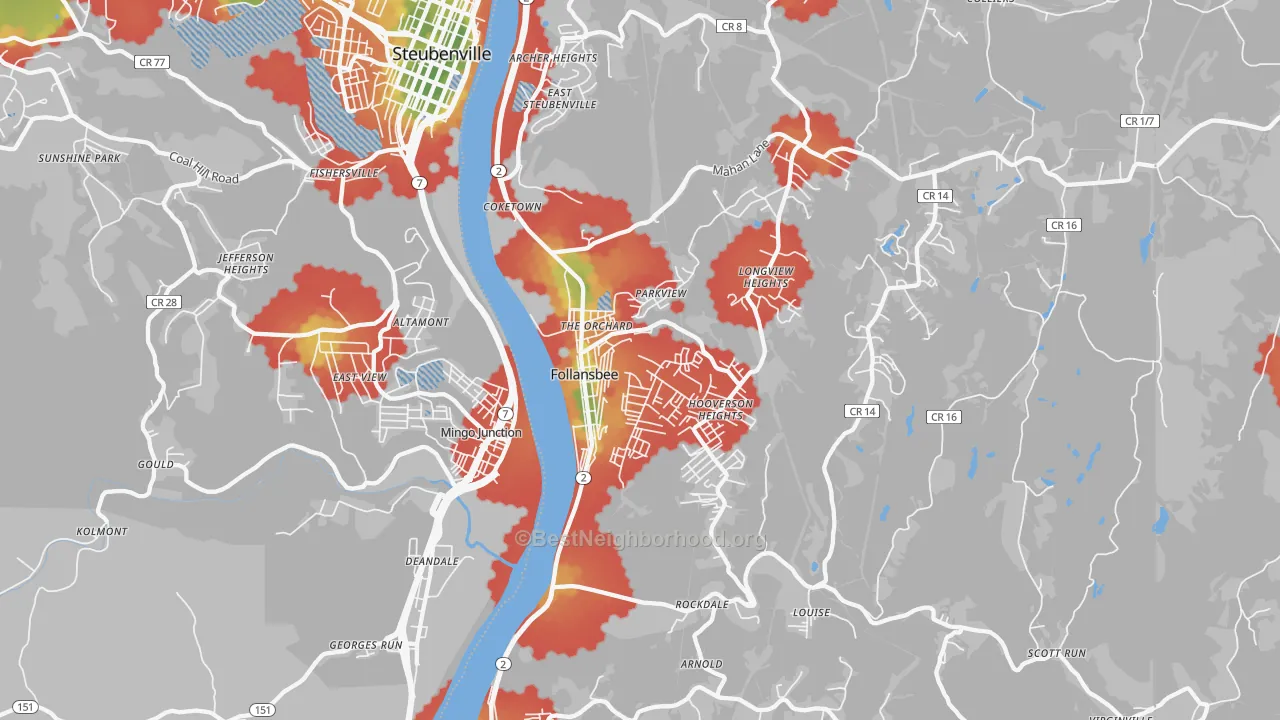 Walk Grade map of Follansbee, WV, walkable areas in green and car-dependent areas in red