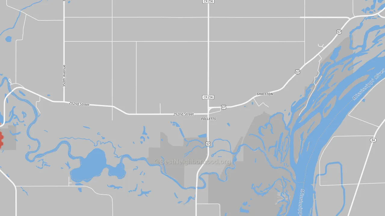 Walk Grade map of Folletts, IA, walkable areas in green and car-dependent areas in red