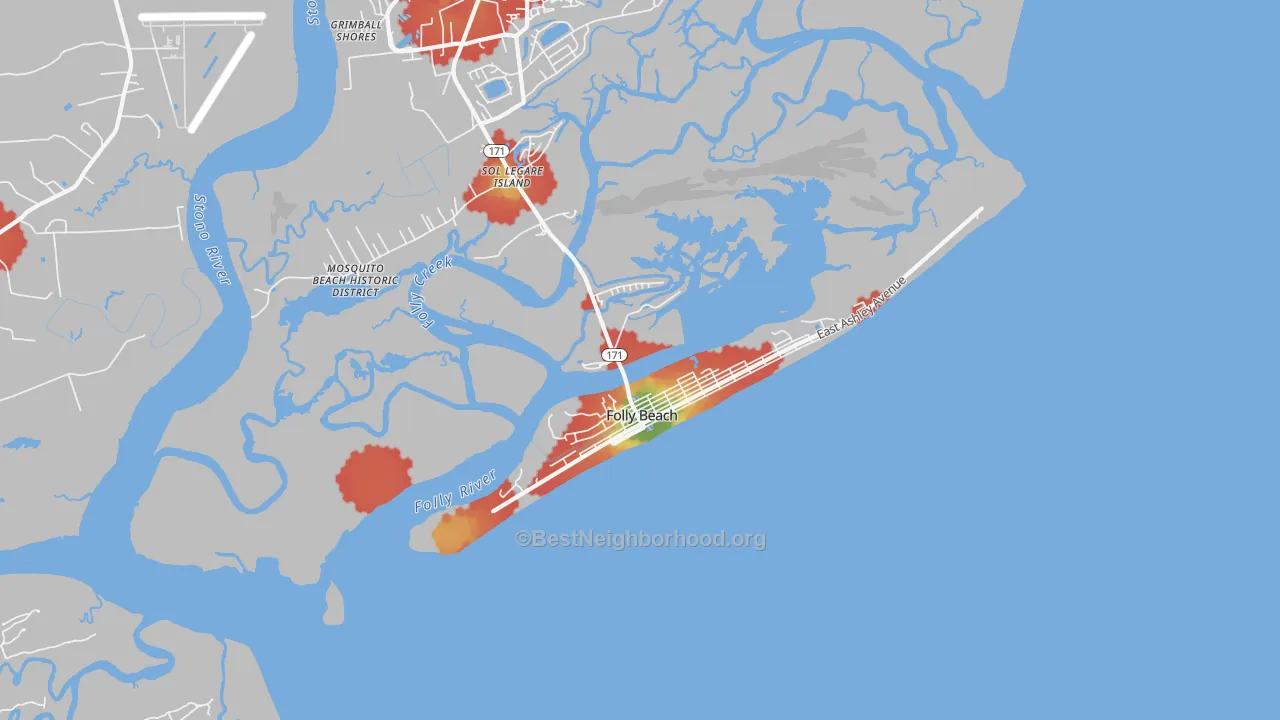 Walk Grade map of Folly Beach, SC, walkable areas in green and car-dependent areas in red