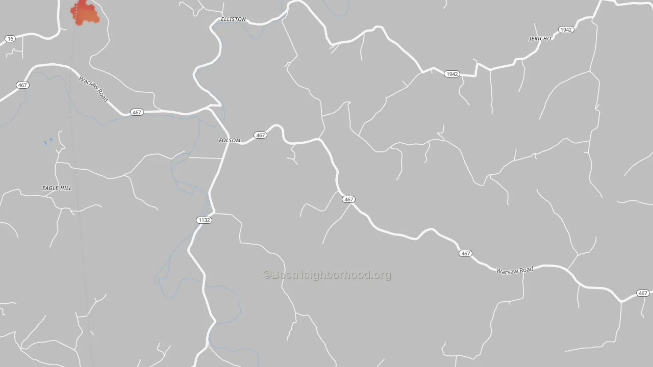 Walk Grade map of Folsom, KY, walkable areas in green and car-dependent areas in red