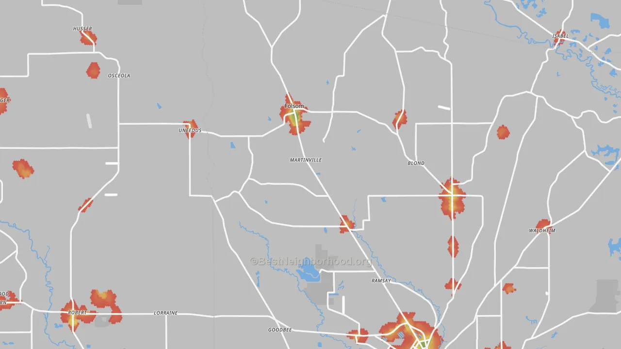 Walk Grade map of Folsom, LA, walkable areas in green and car-dependent areas in red