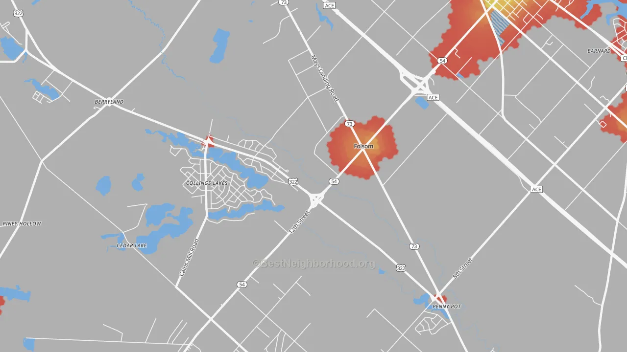 Walk Grade map of Folsom, NJ, walkable areas in green and car-dependent areas in red