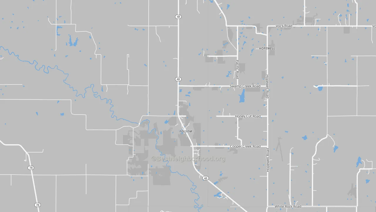 Walk Grade map of Folsom, OK, walkable areas in green and car-dependent areas in red