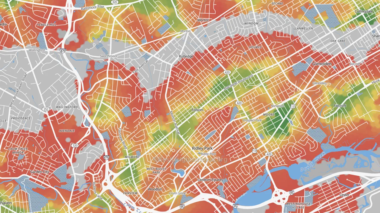 Walk Grade map of Folsom, PA, walkable areas in green and car-dependent areas in red