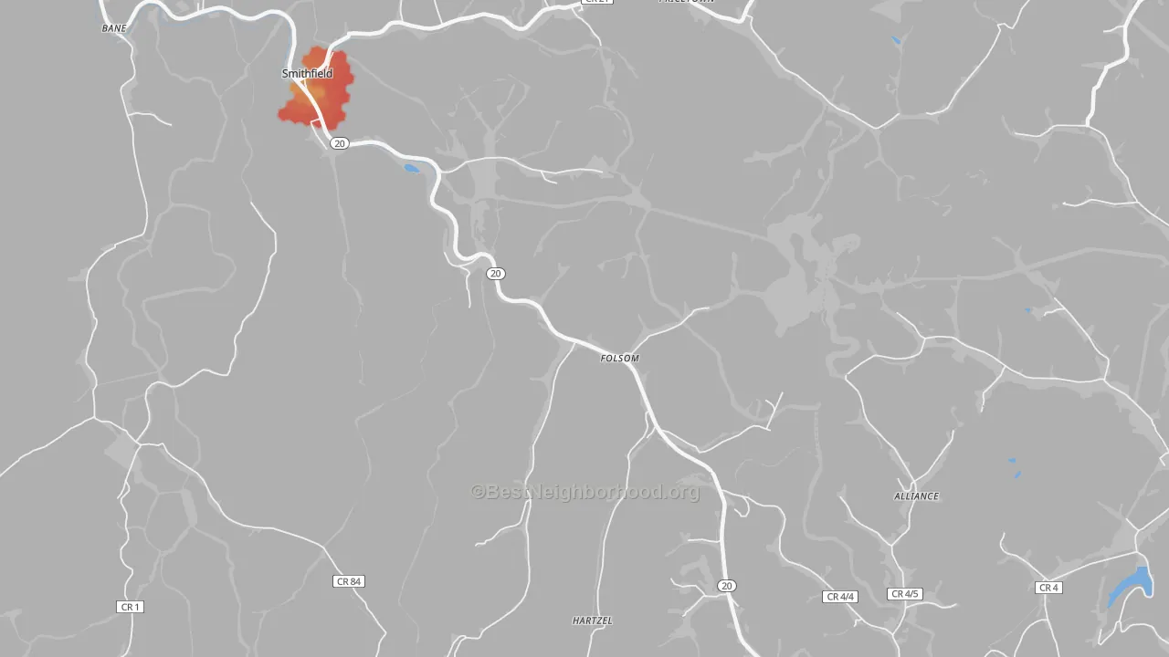 Walk Grade map of Folsom, WV, walkable areas in green and car-dependent areas in red