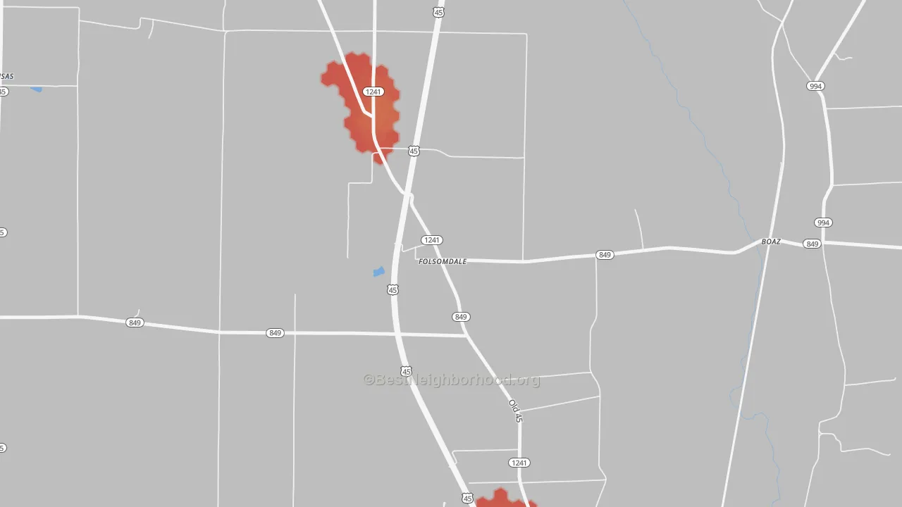 Walk Grade map of Folsomdale, KY, walkable areas in green and car-dependent areas in red