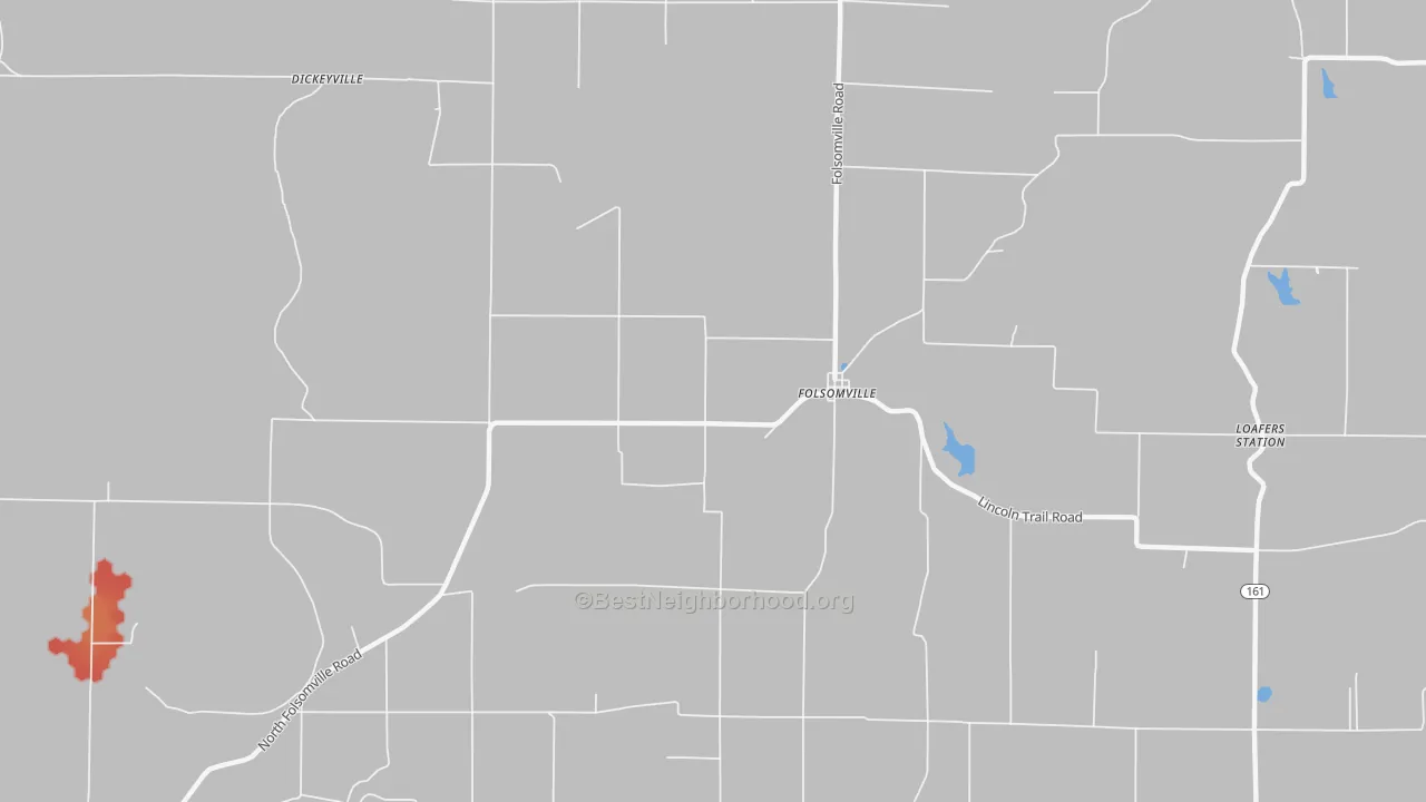 Walk Grade map of Folsomville, IN, walkable areas in green and car-dependent areas in red