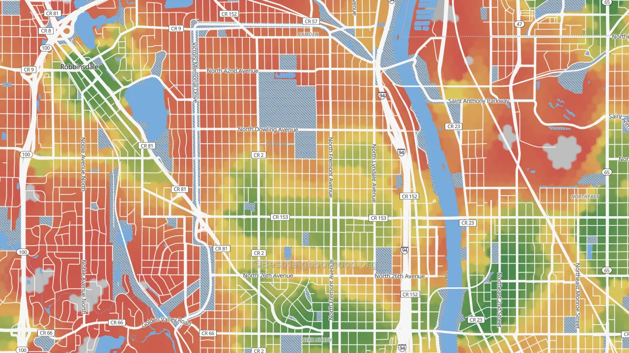Walk Grade map of Folwell, Minneapolis, MN, walkable areas in green and car-dependent areas in red