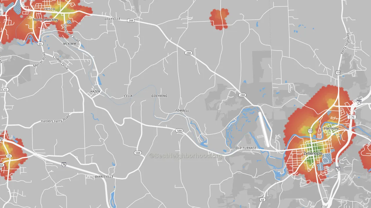 Walk Grade map of Fombell, PA, walkable areas in green and car-dependent areas in red