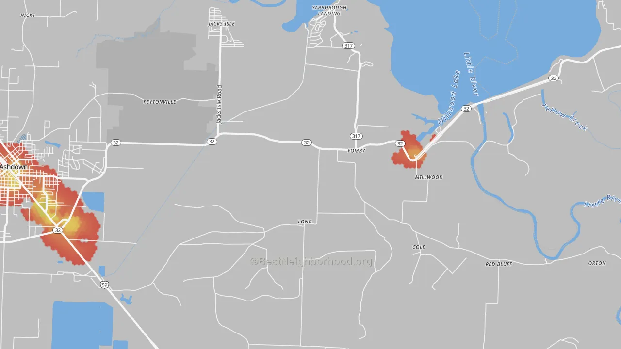 Walk Grade map of Fomby, AR, walkable areas in green and car-dependent areas in red
