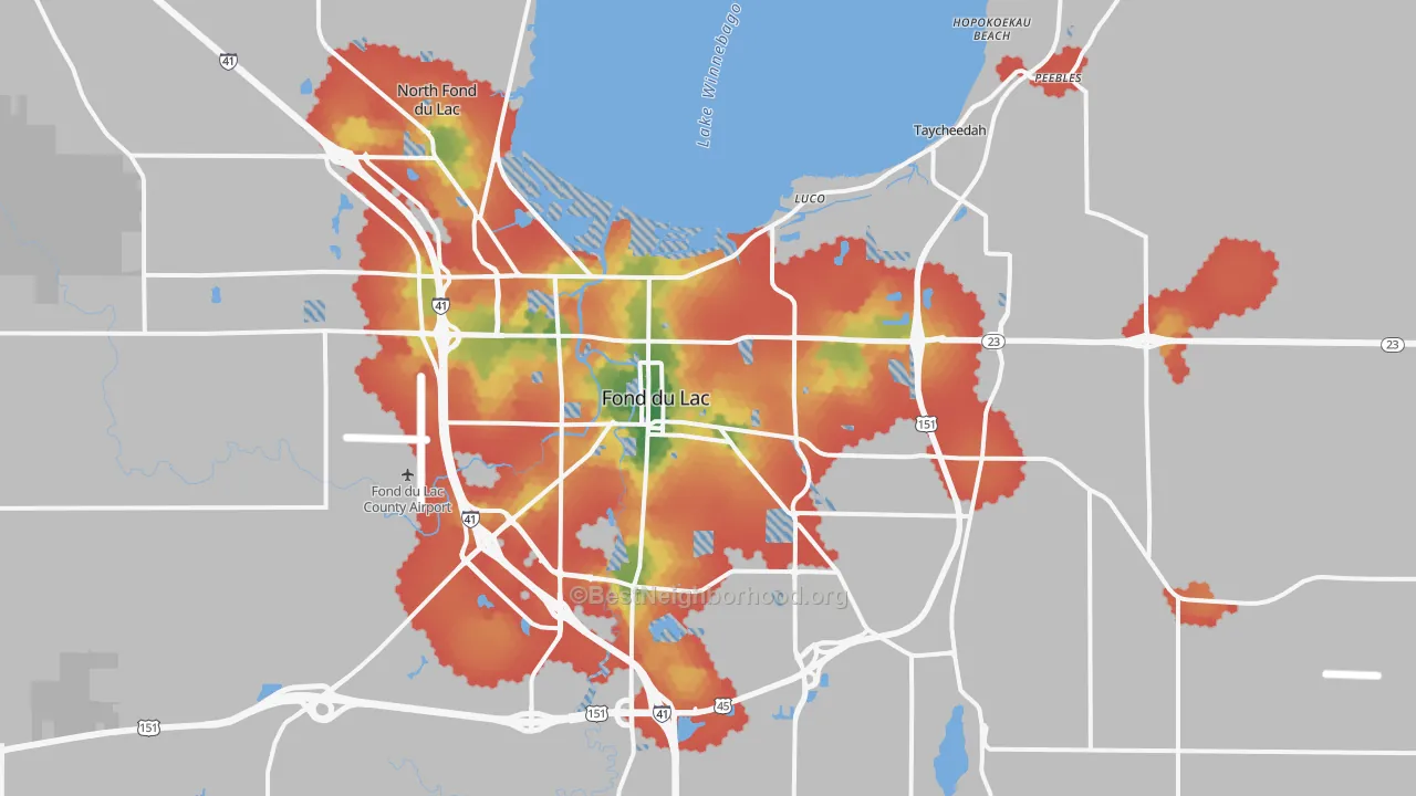 Walk Grade map of Fond Du Lac, WI, walkable areas in green and car-dependent areas in red
