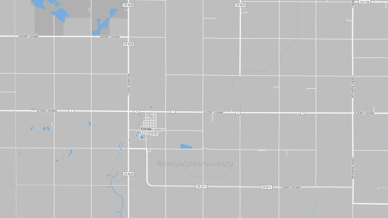 Walk Grade map of Fonda, IA, walkable areas in green and car-dependent areas in red