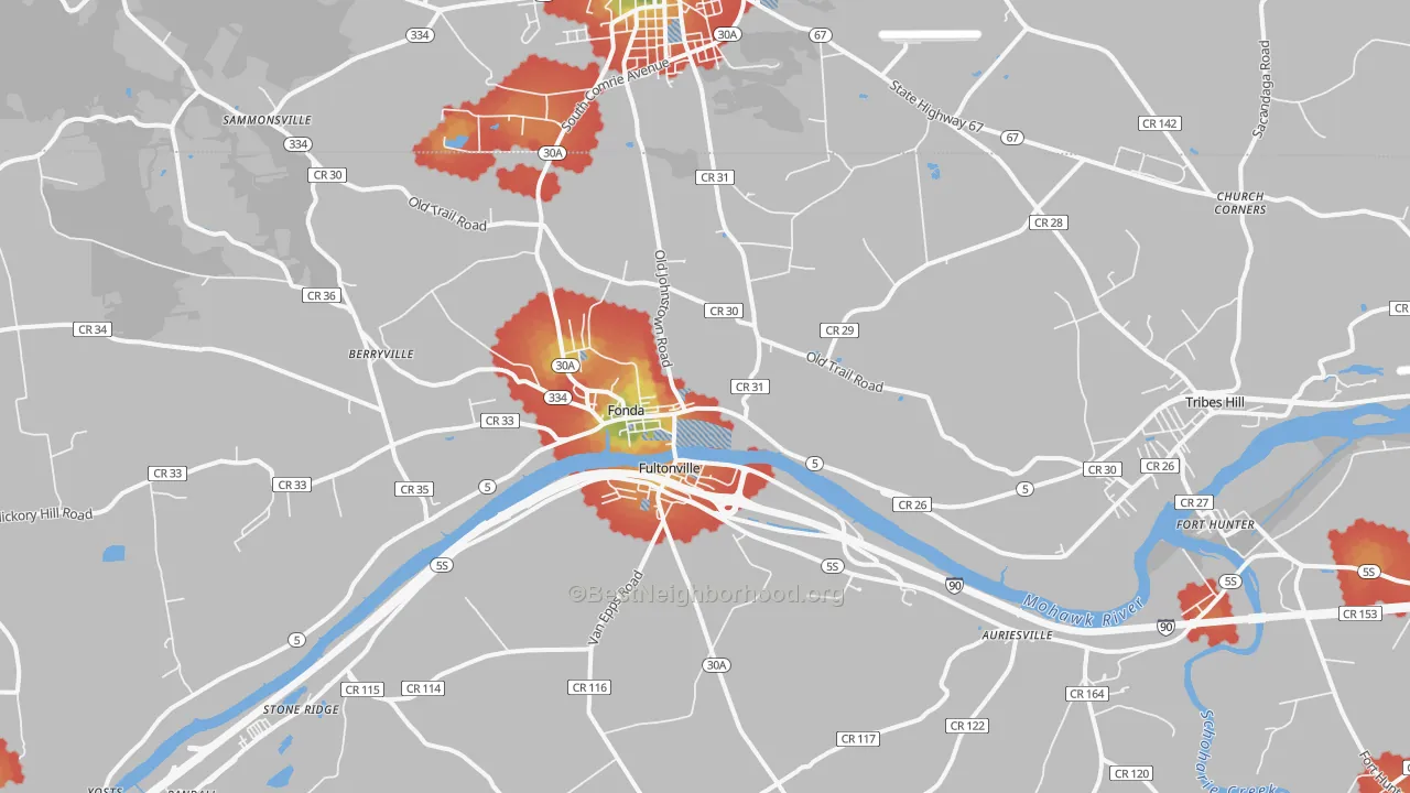 Walk Grade map of Fonda, NY, walkable areas in green and car-dependent areas in red