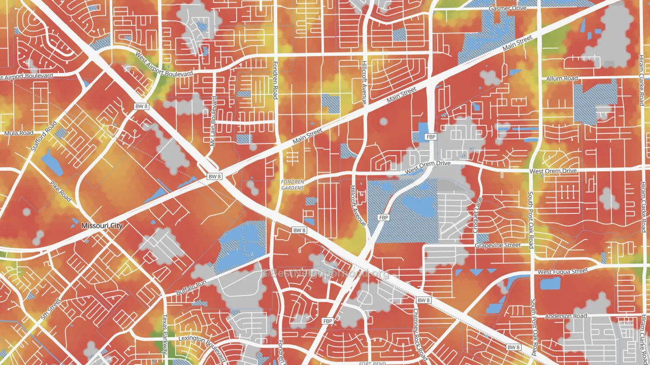 Walk Grade map of Fondren Gardens, Houston, TX, walkable areas in green and car-dependent areas in red
