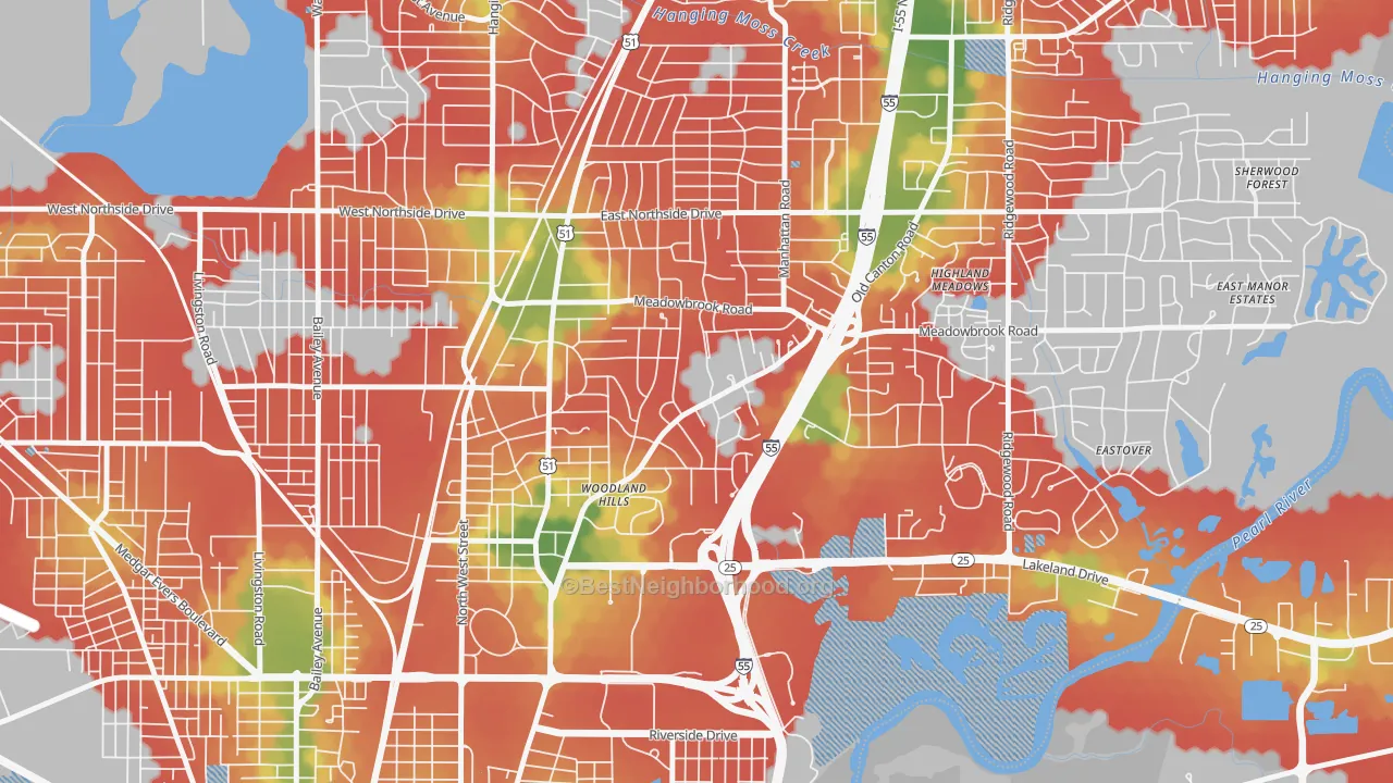 Walk Grade map of Fondren North Renaissance, Jackson, MS, walkable areas in green and car-dependent areas in red