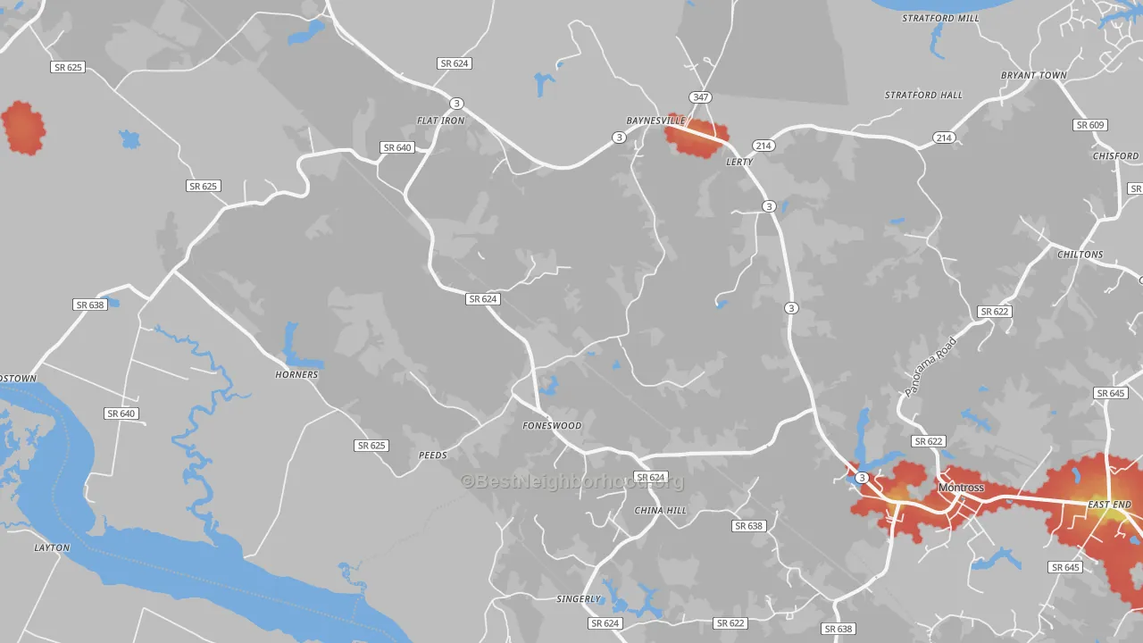Walk Grade map of Foneswood, VA, walkable areas in green and car-dependent areas in red
