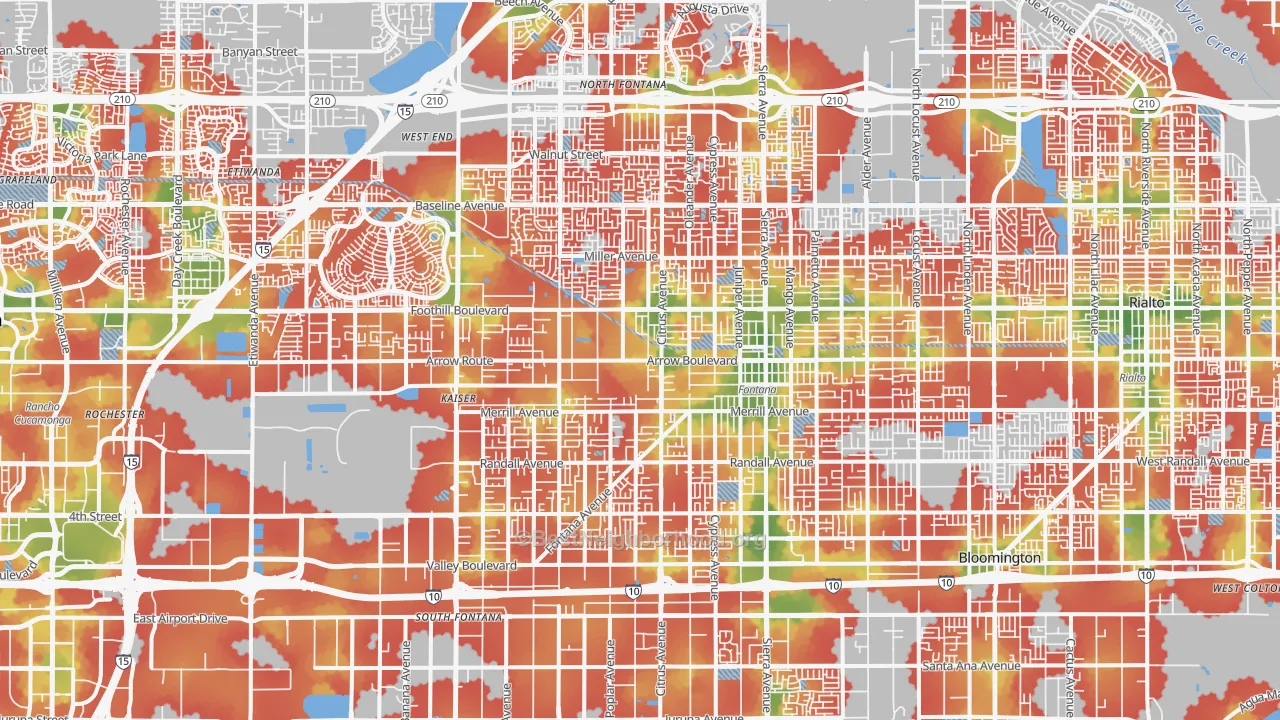 Walk Grade map of Fontana, CA, walkable areas in green and car-dependent areas in red