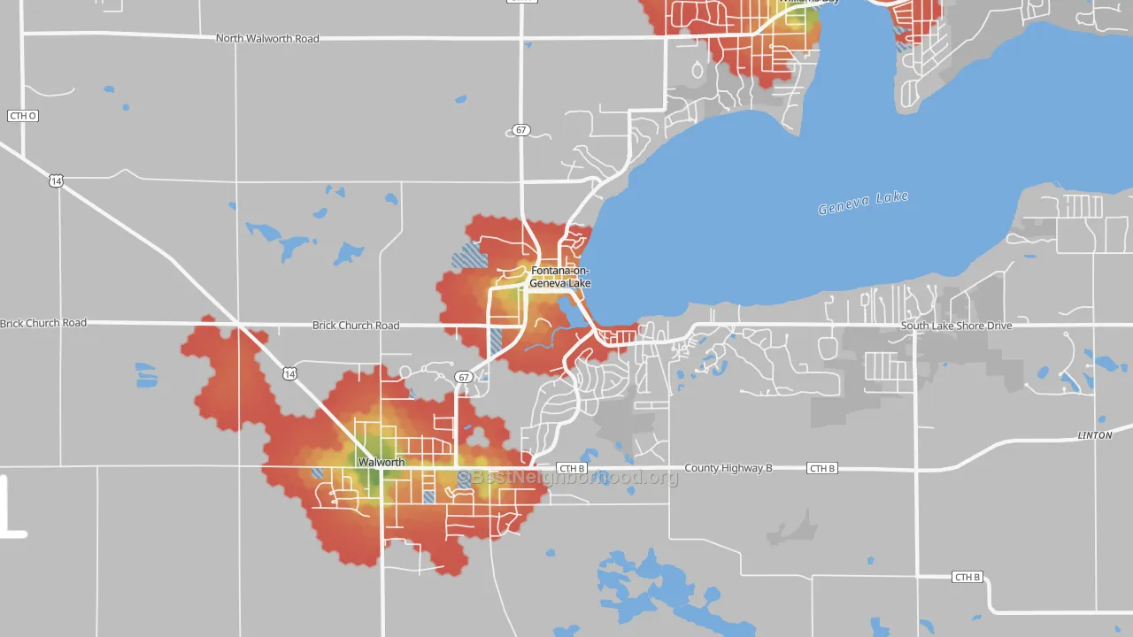 Walk Grade map of Fontana-on-Geneva Lake, WI, walkable areas in green and car-dependent areas in red