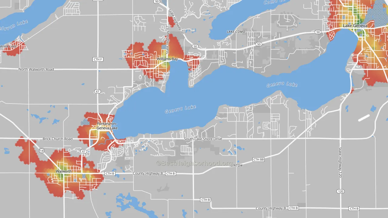 Walk Grade map of Fontana, WI, walkable areas in green and car-dependent areas in red
