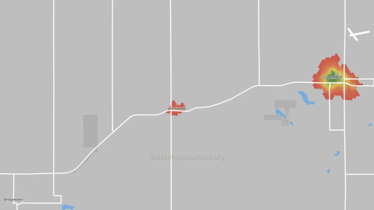 Walk Grade map of Fontanelle, IA, walkable areas in green and car-dependent areas in red