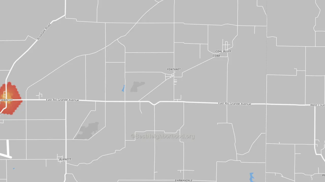 Walk Grade map of Fontanet, IN, walkable areas in green and car-dependent areas in red