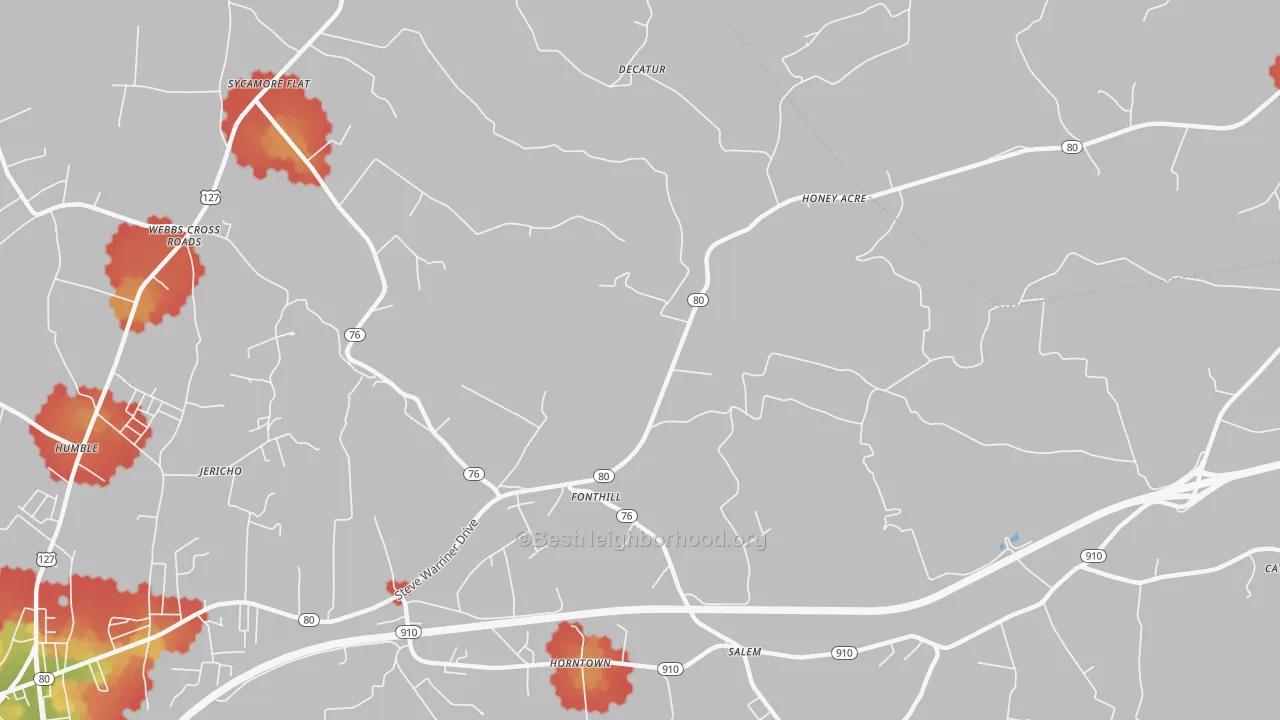Walk Grade map of Fonthill, KY, walkable areas in green and car-dependent areas in red