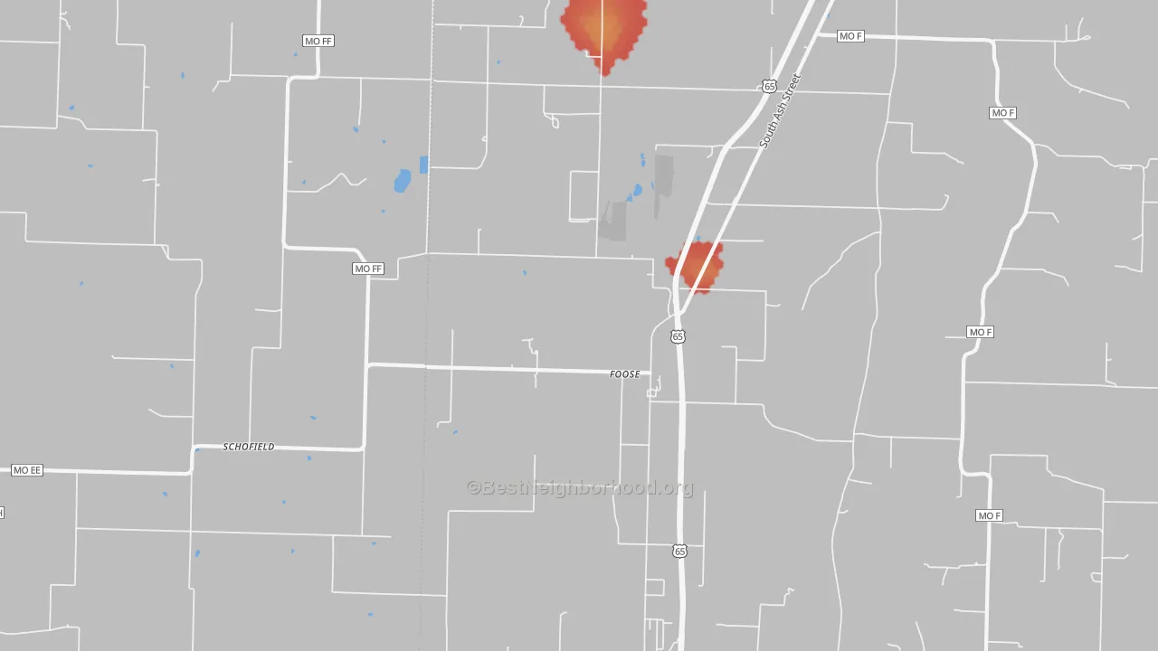 Walk Grade map of Foose, MO, walkable areas in green and car-dependent areas in red