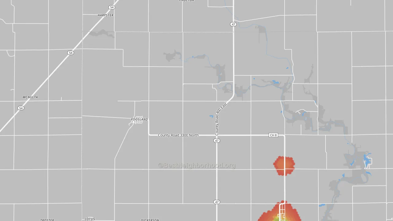 Walk Grade map of Foosland, IL, walkable areas in green and car-dependent areas in red