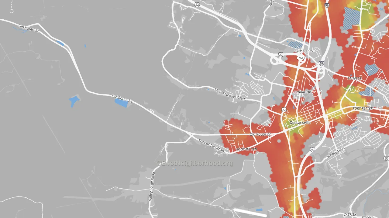 Walk Grade map of Foot of Ten, PA, walkable areas in green and car-dependent areas in red