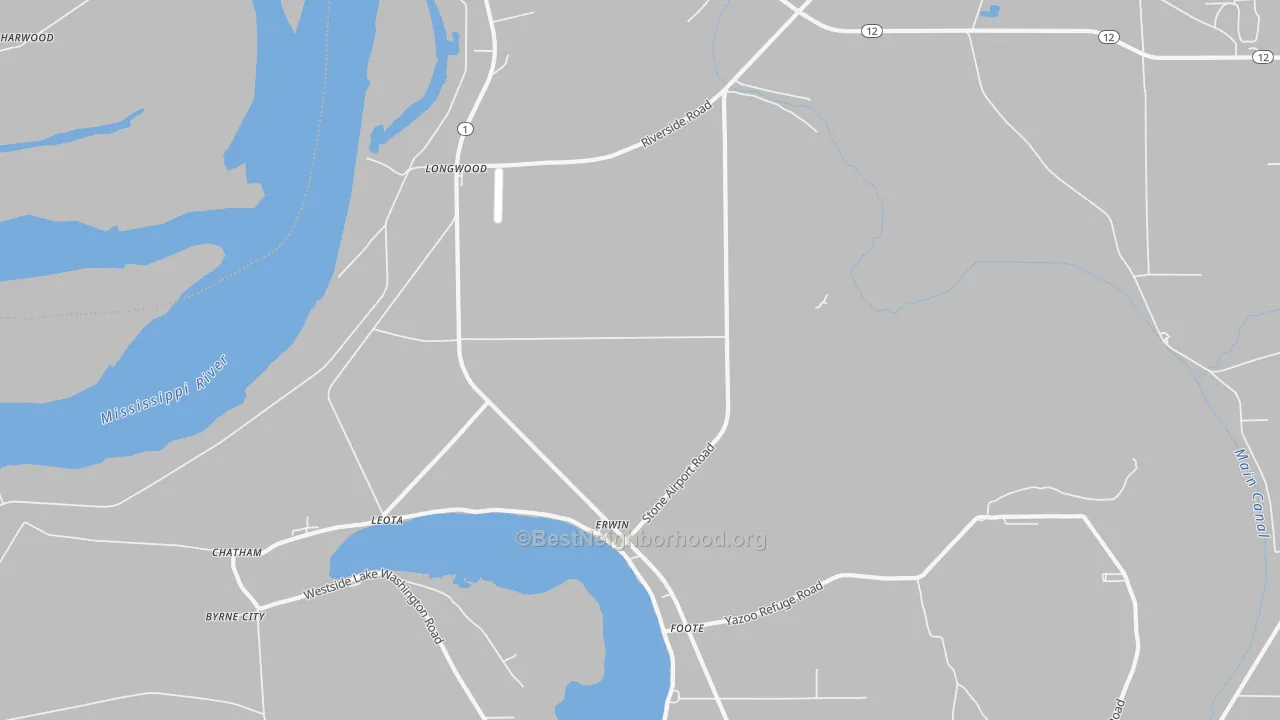 Walk Grade map of Foote, MS, walkable areas in green and car-dependent areas in red