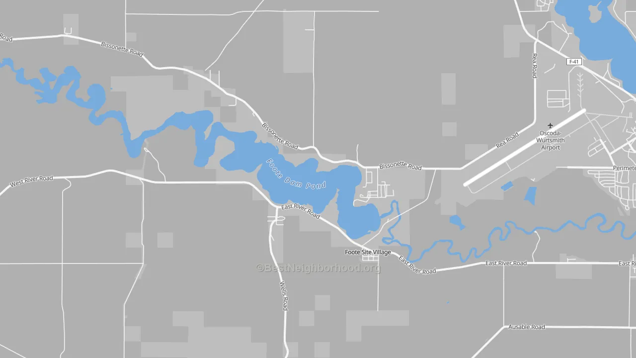Walk Grade map of Foote Site Village, MI, walkable areas in green and car-dependent areas in red
