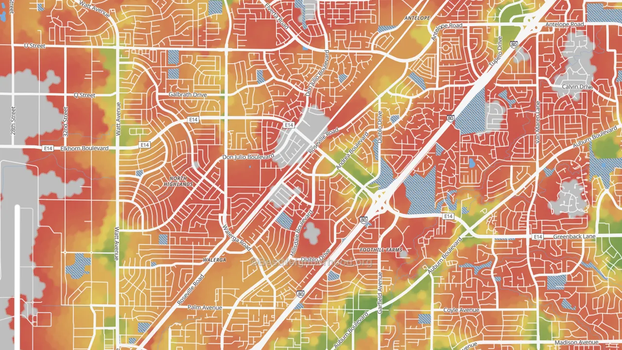Walk Grade map of Foothill Farms, CA, walkable areas in green and car-dependent areas in red
